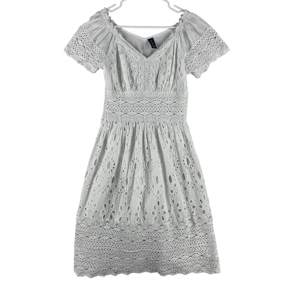 Me 2 Magic Womens Broderie Anglaise Crochet Dress SZ M White Boho Cottagecore